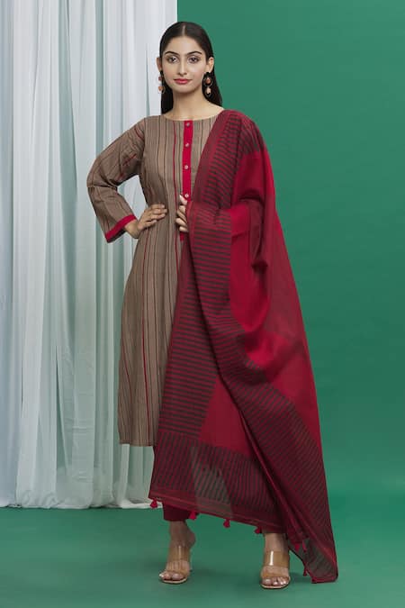 Banana Labs Brown Cotton Printed Stripe Round Kurta Set 