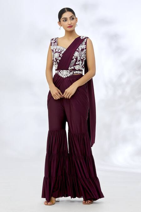 Khwaab by Sanjana Lakhani Wine Lycra Embroidery Sequin Sweetheart Sharara Saree With Blouse 