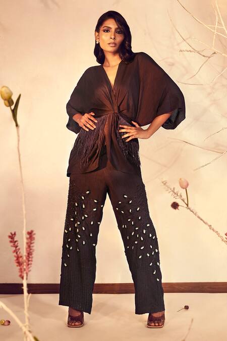 Babita Malkani Silk Fringed Kimono Top & Pant Set 