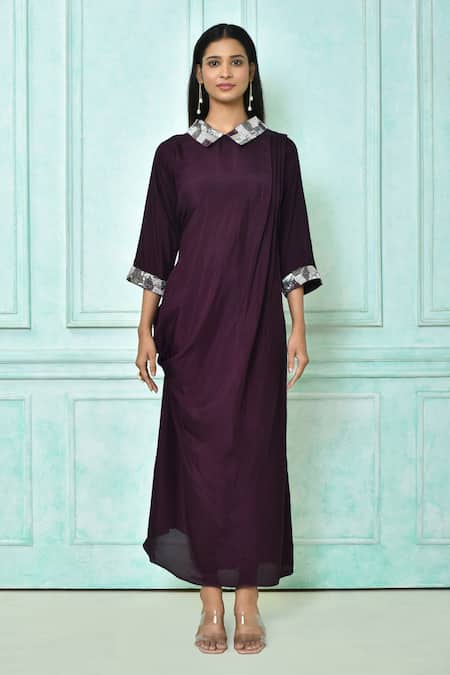 Samyukta Singhania_Magenta Silk Sequins Shawl Neck Side Draped Dress_at_Aza_Fashions