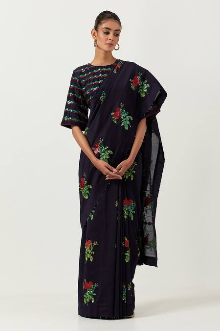 Label Earthen_Blue Chanderi Silk Embroidery Round Neck Phool Pathi Saree With Blouse _Online_at_Aza_Fashions