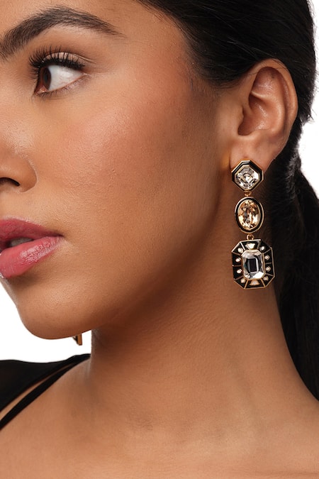 Shop Isharya Black Crystals Blaze Enamelled Dangler Earrings at Aza Fashions Shop_Isharya_Black Crystals Blaze Enamelled Dangler Earrings _at_Aza_Fashions