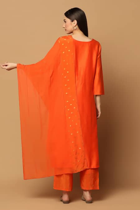 Shop Two Sisters By Gyans Orange Cotton, Chanderi Mirrors V-neck Straight Kurta Set at Aza Fashions Shop_Two Sisters By Gyans_Orange Cotton, Chanderi Mirrors V-neck Straight Kurta Set _at_Aza_Fashions