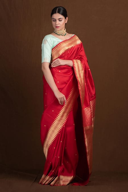 Shop_Devissha_Red Pure Katan Silk Floral Handloom Banarasi Saree With Running Blouse_at_Aza_Fashions