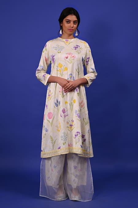 Rimi Nayak White Chanderi, Cotton, Silk Pearls Round Neck Assorted Floral Print Kurta 