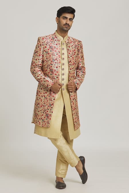 Adara Khan Multi Color Art Silk Printed Floral Persian Jacket Kurta Set