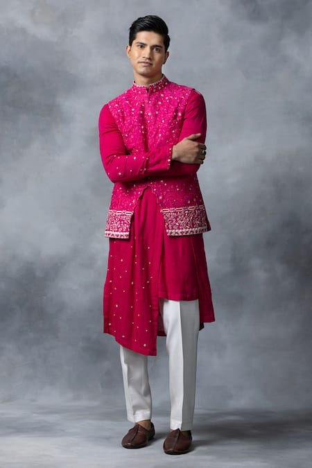 Sarab Khanijou Pink Silk, Modal, Cotton Embroidery Floral Thread Work Waist Coat With Kurta Set 
