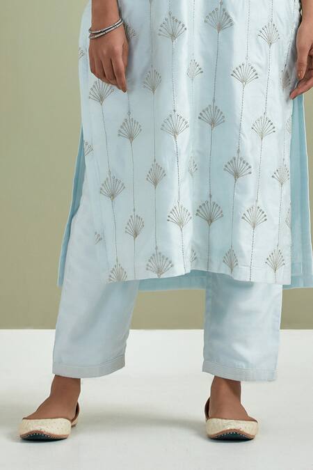 Shop Priya Chaudhary Blue Chanderi Silk Embroidery Split V-neck Kurta And Pant Set Online at Aza Fashions Shop_Priya Chaudhary_Blue Chanderi Silk Embroidery Split V-neck Kurta And Pant Set _Online_at_Aza_Fashions