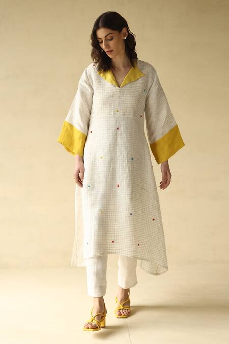 Roza Pret Ivory Checkered Linen Embroidered French Knots Candy Floss Tunic For Women
