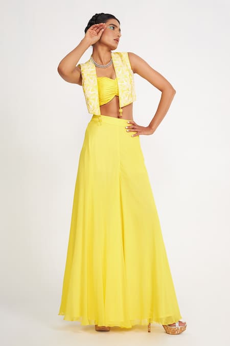 Asaga Yellow Silk, Georgette Embroidery Sweetheart Neck, Clara Jacket Sharara Set