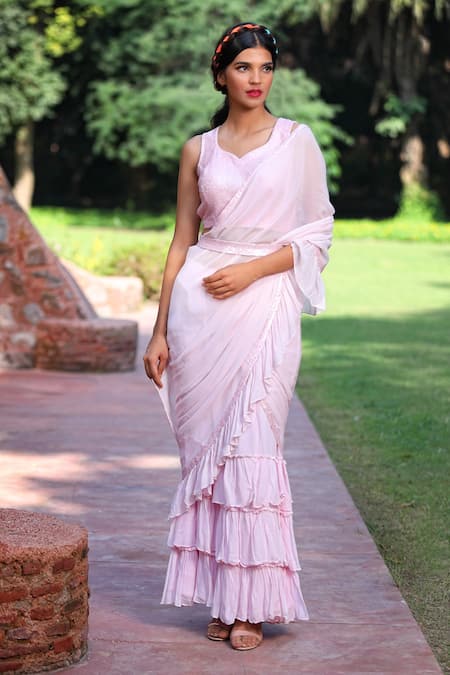 Tarini Vij Pink Georgette Sequin Plunge V Neck Ruffle Layered Saree With Blouse 