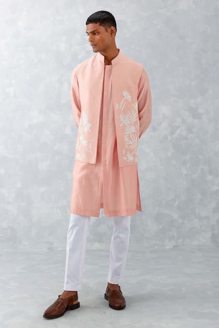 Devnaagri Pink Silk Chanderi Embroidery Flower Lace Bundi With Kurta Set 