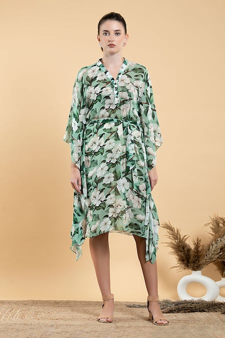 Divi By Sonal Khandelwal Green Georgette V-neck Wild Apple Print Kaftan 