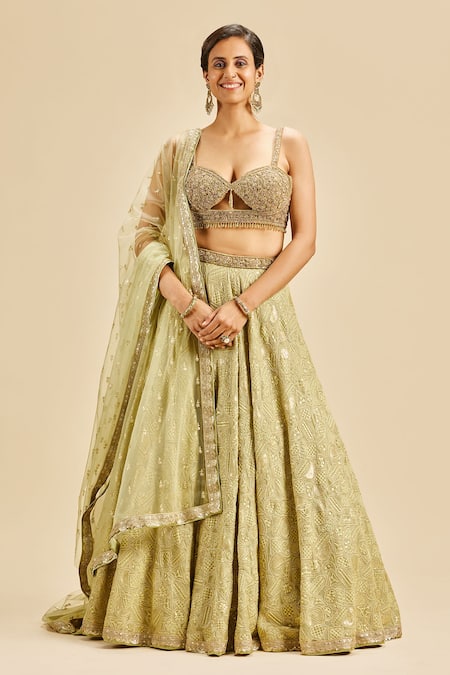 Nitika Gujral Green Lehenga Georgette And Dupatta & Blouse Net Embroidery Tonal Resham Set 
