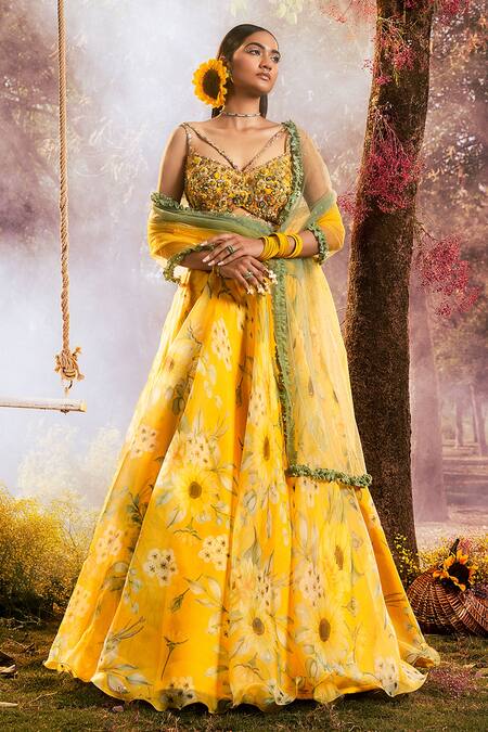 Buy Kiara lemon yellow lehenga with a blouse and dupatta.