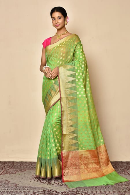 Nazaakat by Samara Singh Green Saree Banarasi Cotton Chanderi Silk Woven Geometric Pattern