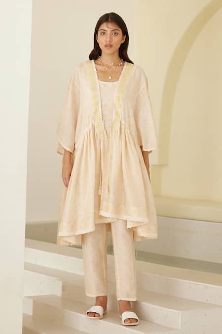 Cotton And Clay_Beige Modal, Silk Sequins, Hand Block Print Front-open Tunic Trouser Set _at_Aza_Fashions