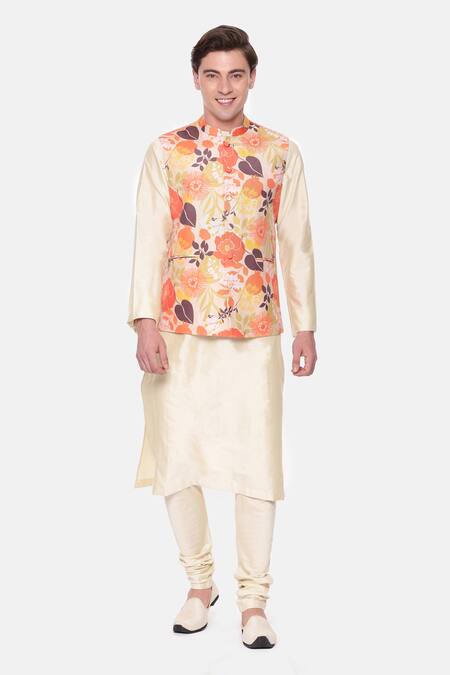 Mayank Modi - Men Beige Mulmul Printed Flower Bundi 