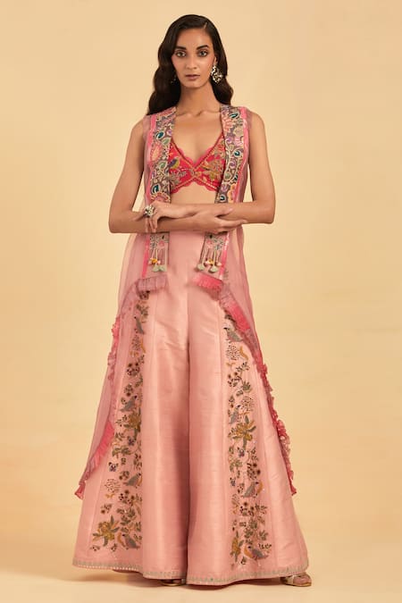 Aum By Asit And Ashima Pink Silk Embroidery V-neck Sheer Placement Cape Sharara Set 
