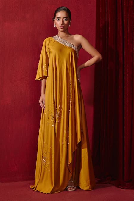 Ajiesh Oberoi Yellow Modal Silk Embroidered Celestial One Shoulder Meit Gown