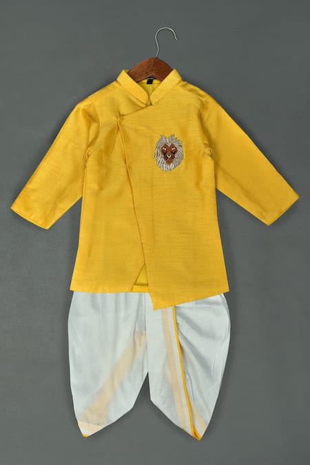 Maaikid Yellow Cotton, Silk Embroidery Lion Motif Sherwani Set