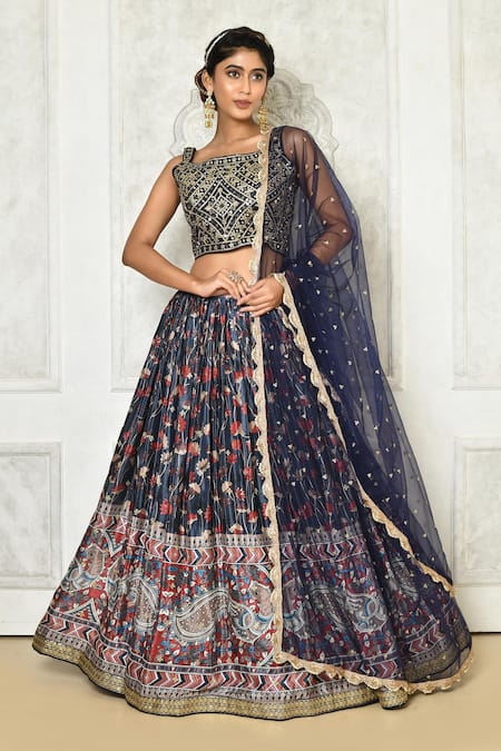 Samyukta Singhania Blue Banglori Embroidered Sequin Square Neck Choli With Printed Lehenga Set 