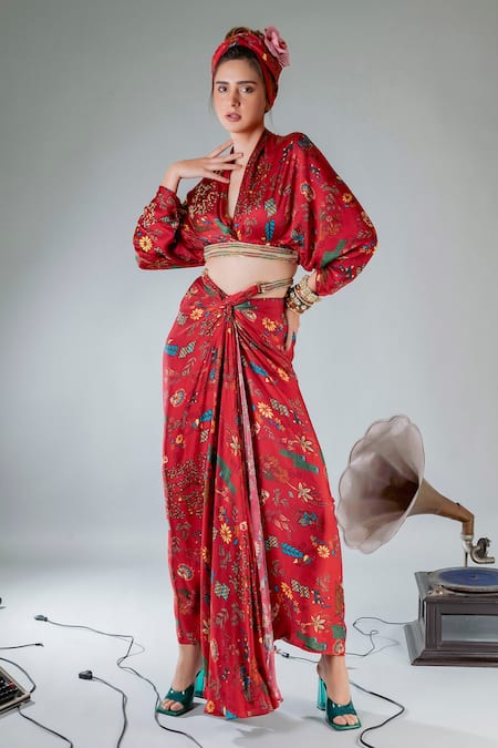 Pds By Sneha Floral Print Wrap Top & Knot Skirt Set 