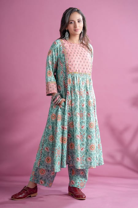 Pants and Pajamas Serena Cotton Block Print Kurta & Pant Set 