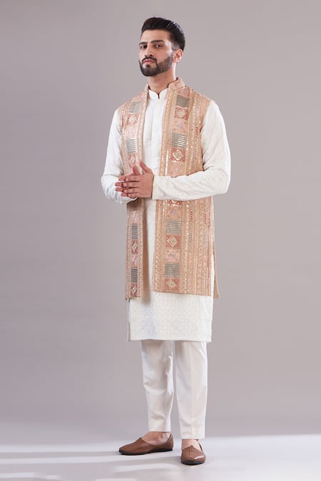 Buy Peach Georgette Embroidered Sequins Heavy Long Open Shrug For Men by Kasbah Online at Aza Fashions