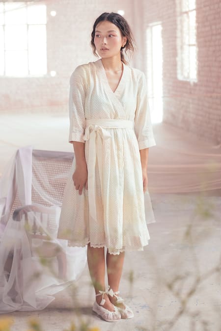 Itr by Khyati Pande Off White Handwoven Handloom Cotton Silk Hand Block Print Confetti Wrap Dress