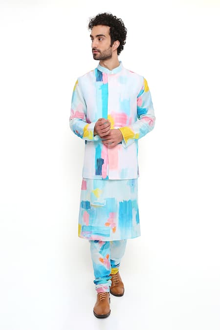 PS Men by Payal Singhal Painterly Print Bundi & Kurta Set  