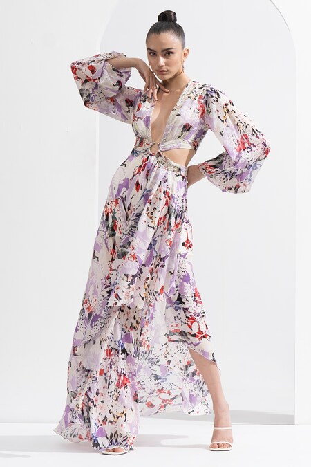 Mandira Wirk Purple Georgette Lurex / Chiffon Orchid V Neck Waist Cutout Dress