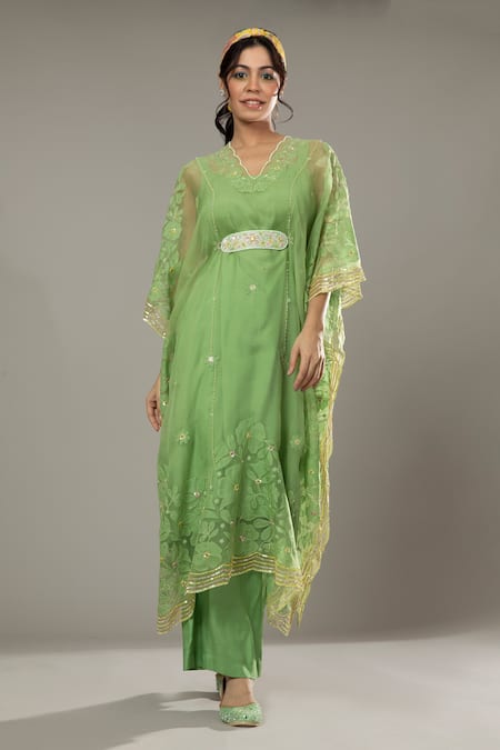 I AM Design Green Silk Organza Floral Appliques, Sequins Apple Candy Kaftan And Pant Set 