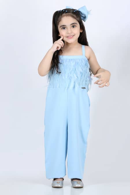 The little celebs Blue Imported Lycra Embellished Feathers Jumpsuit 