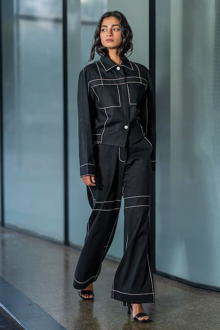 Leh Studios Black Cotton, Canvas, Twill Embroidery Anchor Thread Placement Pant