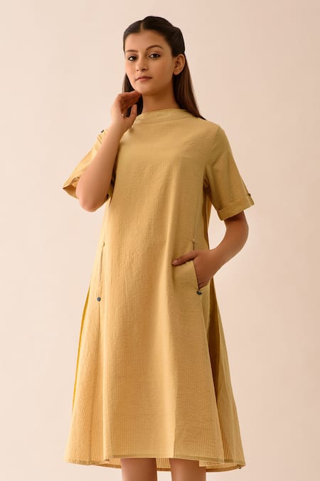 JAYATI GOENKA Beige Upcycled Seersucker Bardot Hand Painted Dress