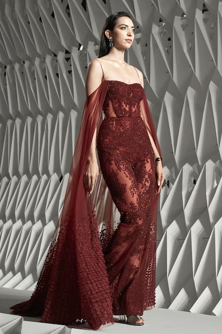 Rohit Gandhi + Rahul Khanna_Maroon Tulle, Silk Sequins, Crystals, Zari Sweetheart Axio Embellished Jumpsuit _Online_at_Aza_Fashions