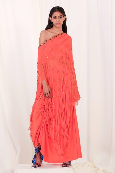 AK-OK Orange Cotton Embroidery Floral Asymmetric Tunic And Skirt Set 