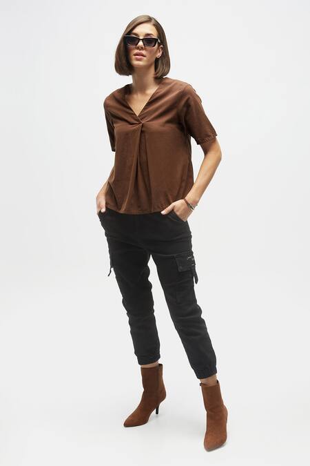 Shop Terra Luna Brown 100% Organic Handloom Cotton Plain V Neck Half Sleeve Top at Aza Fashions Shop_Terra Luna_Brown 100% Organic Handloom Cotton Plain V Neck Half Sleeve Top_at_Aza_Fashions