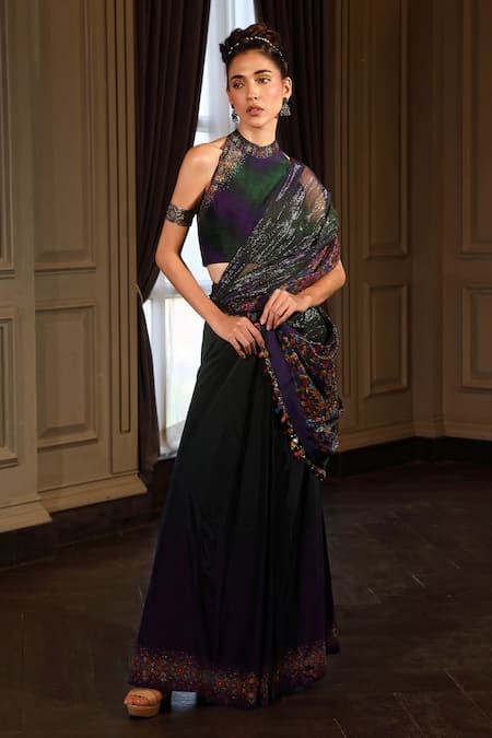 Shilpi Gupta Blue Blouse Viscose Dupion And Saree Ombre Pre-draped With Neck  