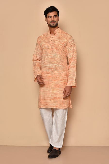 Aryavir Malhotra Orange Handloom Cotton Woven Stipes Straight Kurta