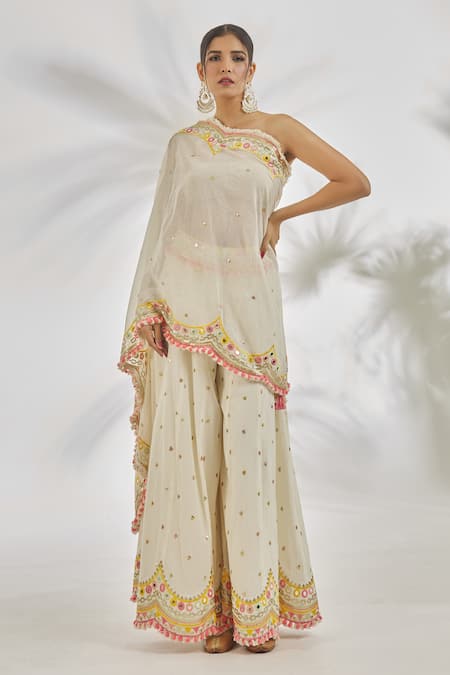 Gopi Vaid Ivory Organic Cotton Embroidery Thread Amyra One Shoulder Tunic With Sharara 