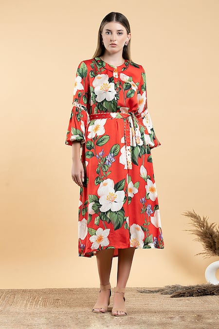 Divi By Sonal Khandelwal Red Modal, Satin Collared Wild Rose Print A-line Dress 