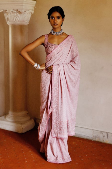 Maharani's Party Wear Lucknowi Chikankari Saree - Pink - Pure Georgett –  Maharani Collections