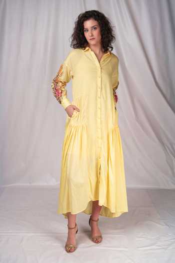 SEESA - Yellow shirt dress with leaf embroidery