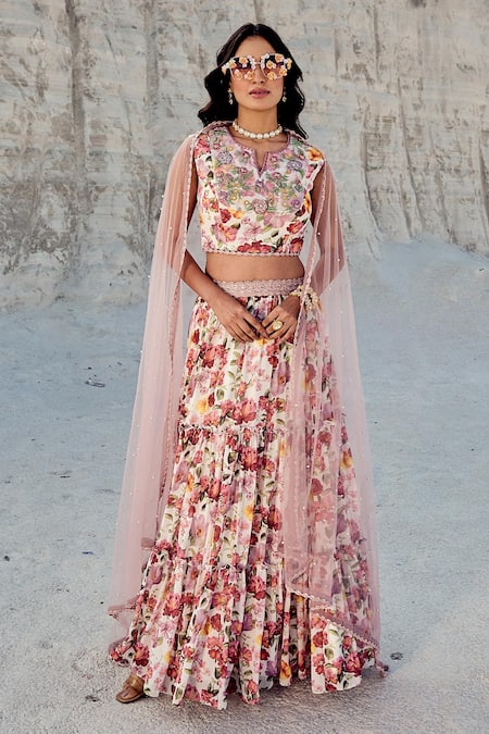 Nikita Vishakha Purple Georgette, Modal, Mohair Embroidery Split Floral Print Tiered Lehenga Set 