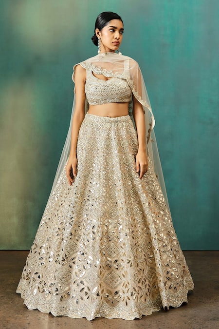 Aneesh Agarwaal Beige Soft Organza Embroidery Foil Scoop Neck Zari Bridal Lehenga Set 