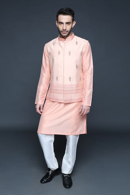 Sanjev Marwaaha Floral Motif Embroidered Bundi Kurta Set 