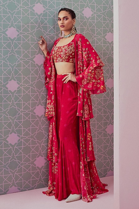 Krisha sunny Ramani Fuchsia Cape Georgette Printed Sequin Layered Jhumka Sharara Set 