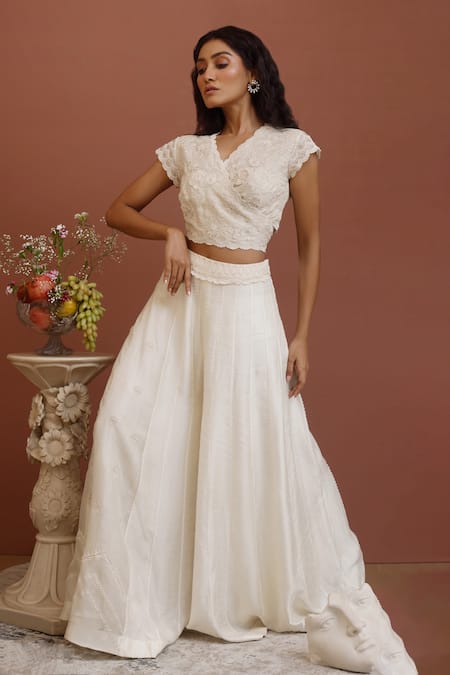 Neha Poddar Ivory Wrap Blouse And Sharara & Summer Silk Floral & Set